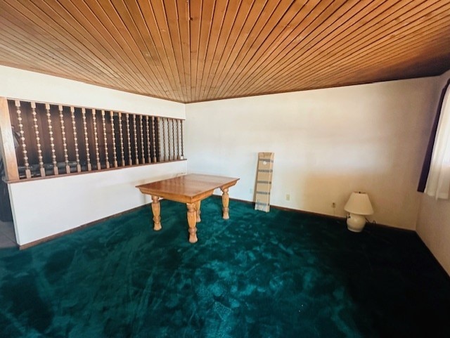 miscellaneous room featuring carpet and wooden ceiling