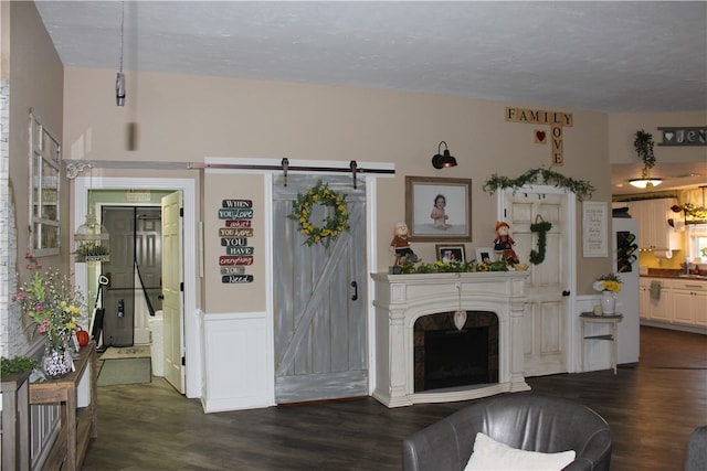 living room with a barn door and dark hardwood / wood-style floors