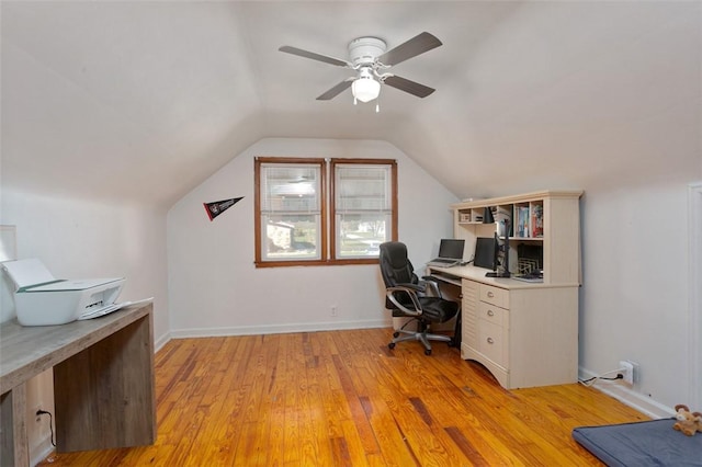 office area with ceiling fan, lofted ceiling, and light hardwood / wood-style flooring