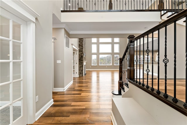 entryway featuring ornamental molding and wood-type flooring