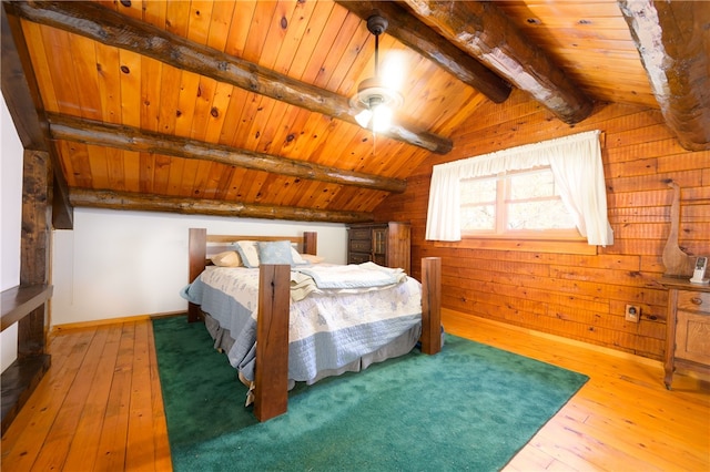 bedroom featuring wood walls, ceiling fan, wood ceiling, vaulted ceiling with beams, and light hardwood / wood-style flooring