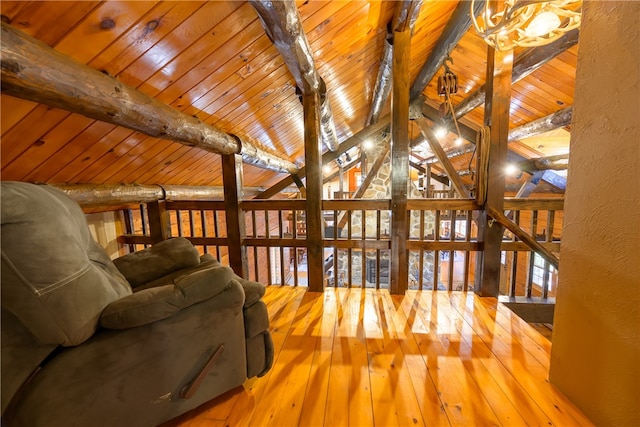 additional living space with lofted ceiling with beams, wood ceiling, and wood-type flooring