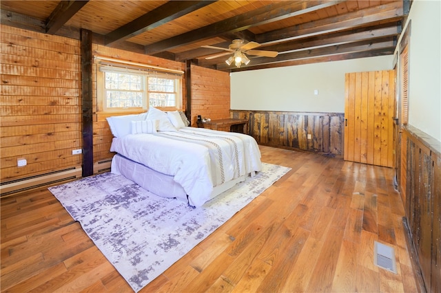 bedroom with beamed ceiling, wooden walls, hardwood / wood-style flooring, and wooden ceiling