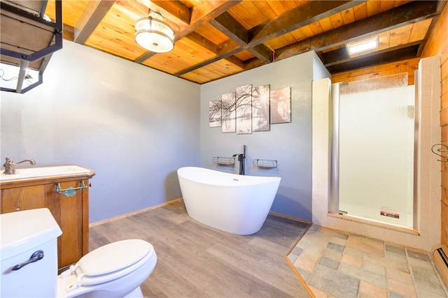 bathroom featuring separate shower and tub, wood ceiling, hardwood / wood-style flooring, baseboard heating, and beam ceiling