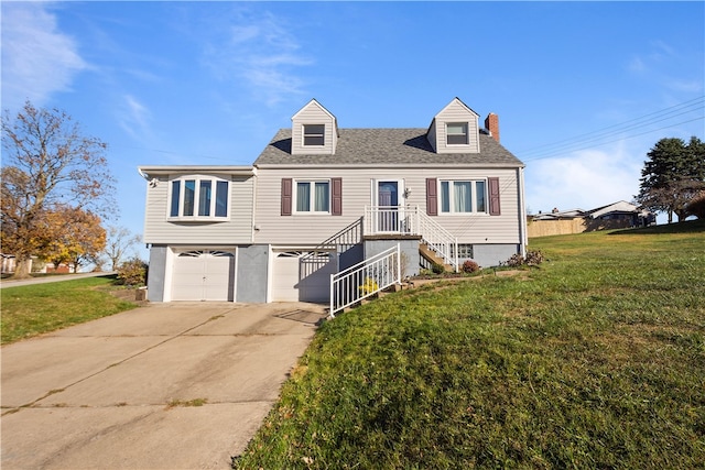 cape cod home featuring a garage and a front yard