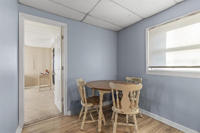 dining area with light hardwood / wood-style flooring and a paneled ceiling