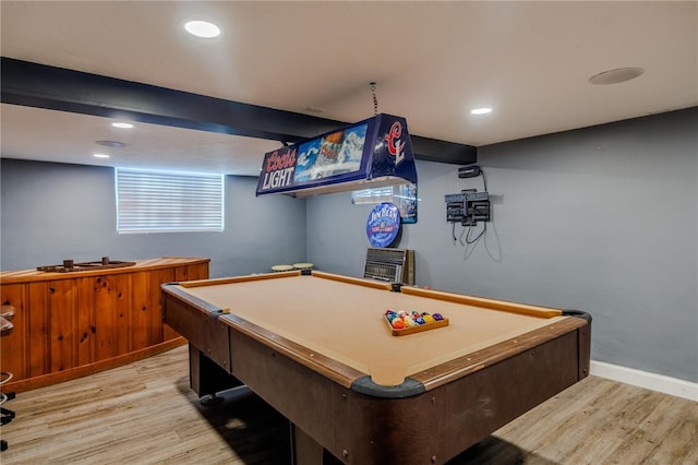 playroom with pool table and light hardwood / wood-style floors