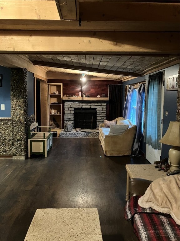 basement featuring a fireplace and wood-type flooring