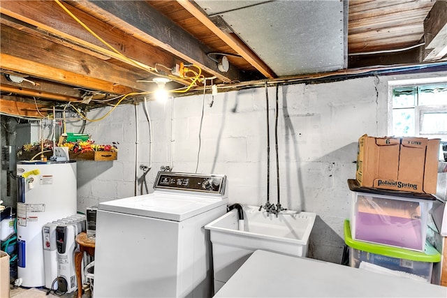 laundry area featuring washer / clothes dryer, sink, and electric water heater