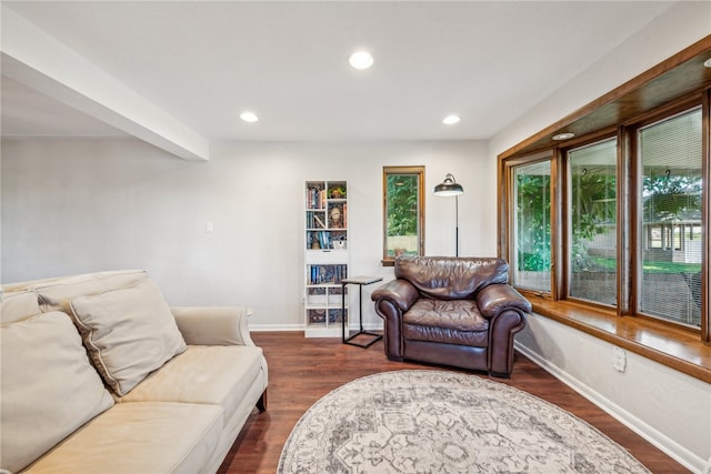 living room featuring dark wood-type flooring and beam ceiling