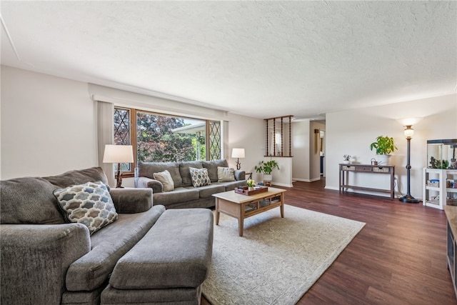 living room with a textured ceiling and dark hardwood / wood-style floors