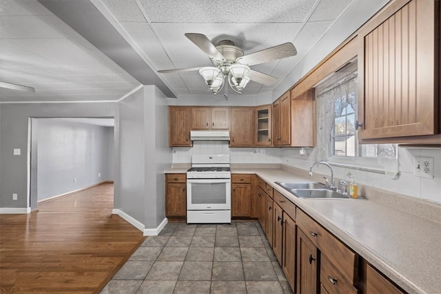 kitchen featuring hardwood / wood-style flooring, sink, ceiling fan, backsplash, and white stove