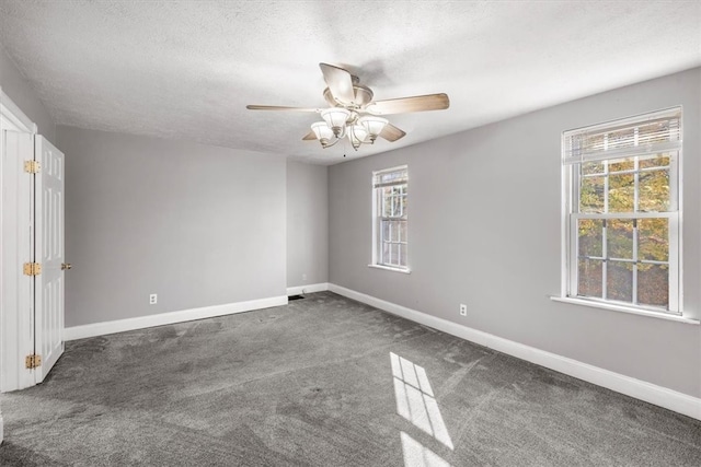 carpeted spare room featuring a wealth of natural light, a textured ceiling, and ceiling fan