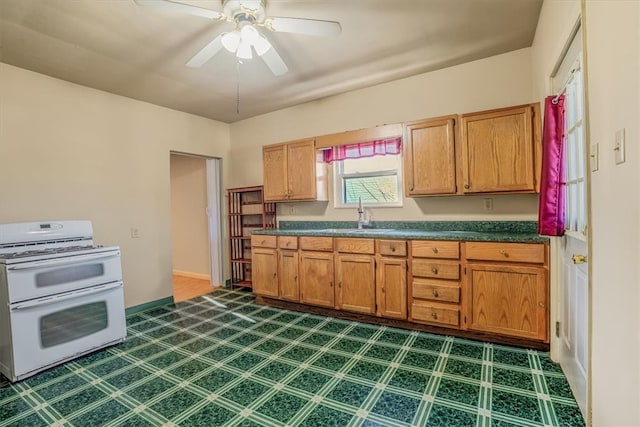 kitchen featuring ceiling fan, white range oven, and sink