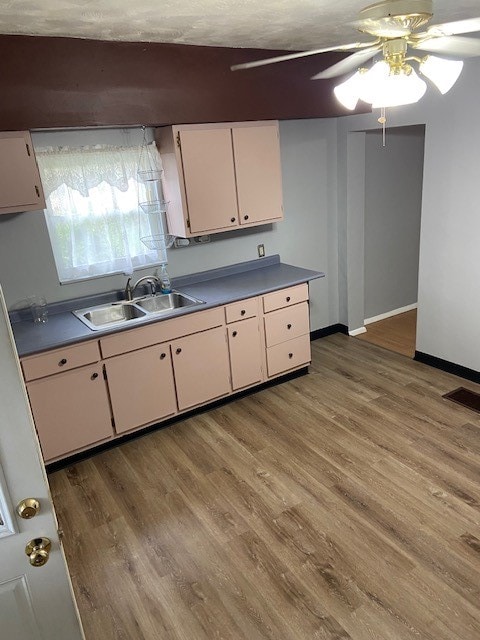 kitchen with wood-type flooring, a textured ceiling, ceiling fan, and sink