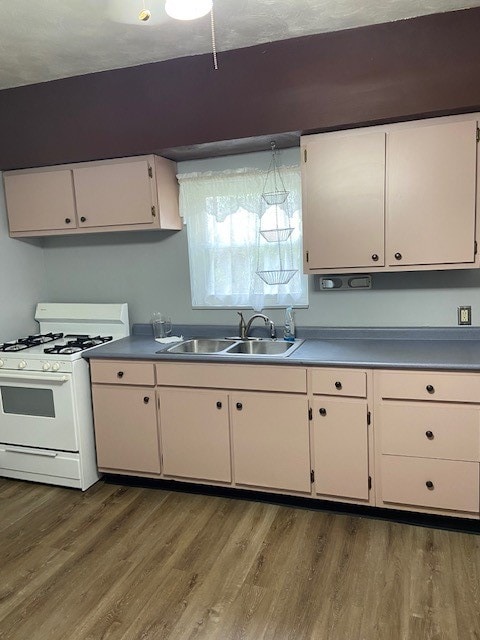 kitchen with wood-type flooring, white gas range oven, white cabinetry, and sink