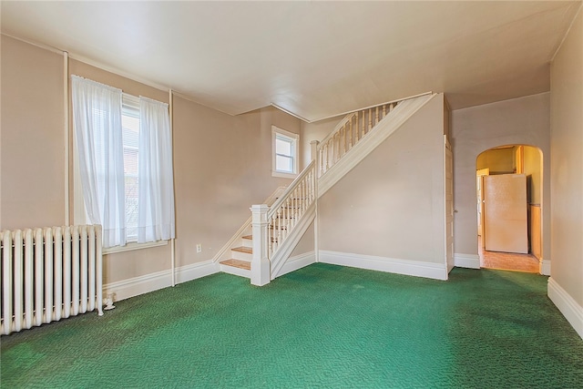 carpeted empty room with radiator and plenty of natural light