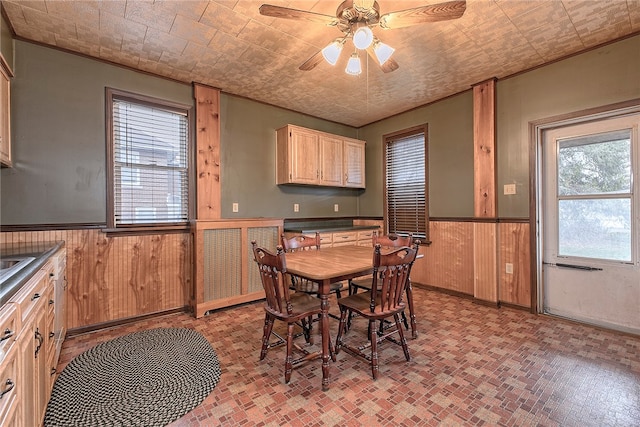 dining area with ceiling fan, plenty of natural light, and wooden walls