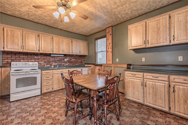 kitchen featuring decorative backsplash, ceiling fan, and white electric range oven