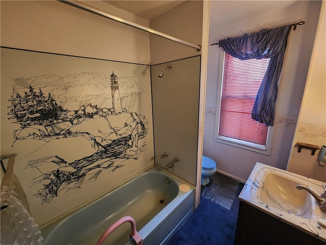 full bathroom with shower / bathing tub combination, vanity, and toilet