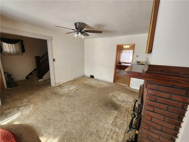 8298 Ohio River Blvd, Emsworth, PA 15202 - unfurnished living room with ceiling fan, carpet, stairs, and baseboards