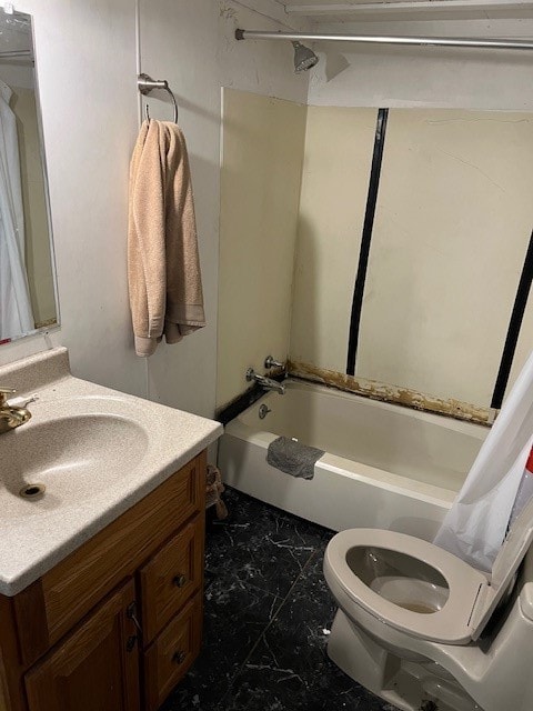 bathroom with vanity and shower / tub combo with curtain