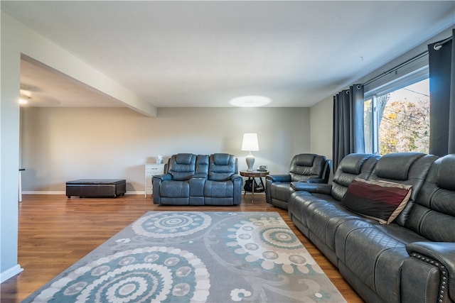 living room with hardwood / wood-style floors and beam ceiling