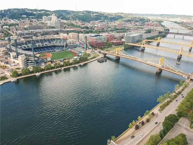 bird's eye view with a water view