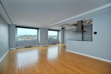 unfurnished room with light hardwood / wood-style floors, ceiling fan, and crown molding