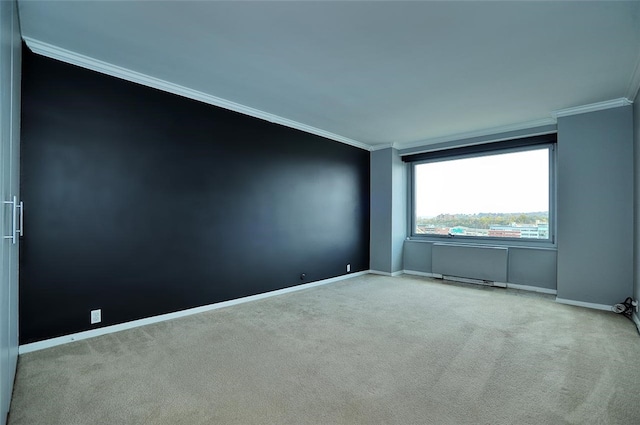 spare room with light colored carpet and ornamental molding