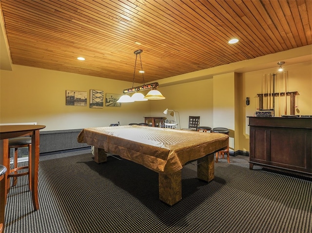 game room with wood ceiling, pool table, and dark carpet