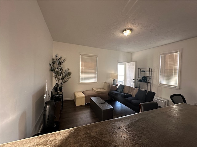 living room with dark hardwood / wood-style flooring and a textured ceiling