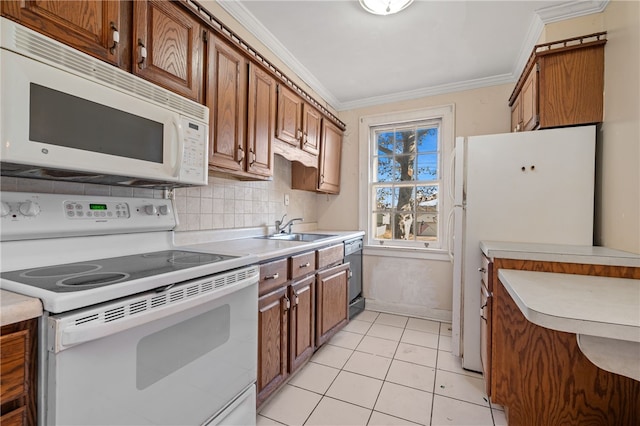 kitchen with light tile patterned flooring, sink, backsplash, white appliances, and crown molding