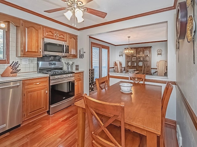 kitchen with pendant lighting, a wealth of natural light, light hardwood / wood-style floors, and stainless steel appliances