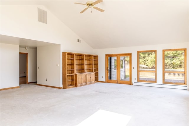 unfurnished living room featuring ceiling fan, light colored carpet, a baseboard heating unit, and high vaulted ceiling