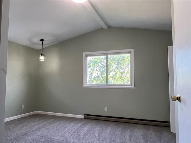 empty room featuring baseboard heating, carpet, and vaulted ceiling with beams