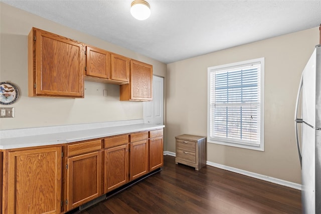 kitchen featuring dark hardwood / wood-style flooring and fridge