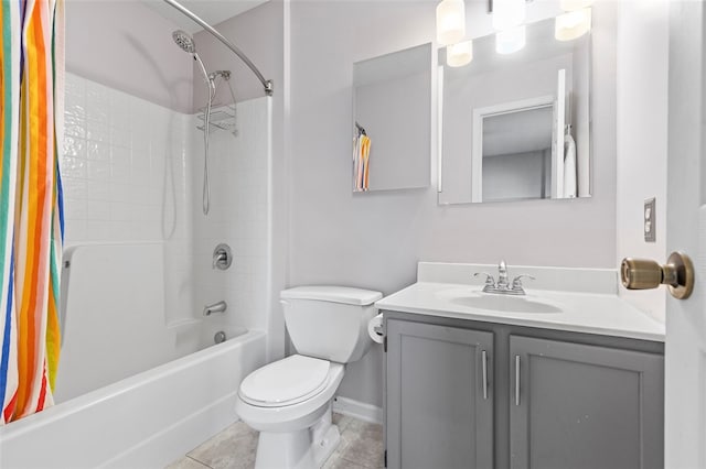 full bathroom with toilet, shower / tub combo, vanity, and tile patterned flooring