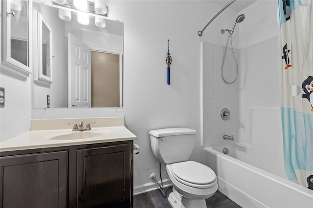 full bathroom featuring toilet, shower / tub combo, and vanity