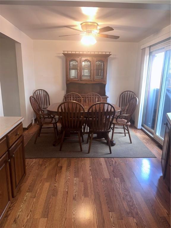 dining space with hardwood / wood-style flooring and ceiling fan