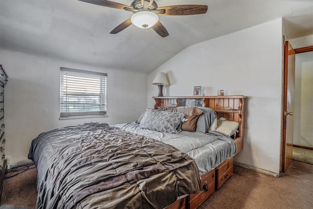 carpeted bedroom with lofted ceiling and ceiling fan