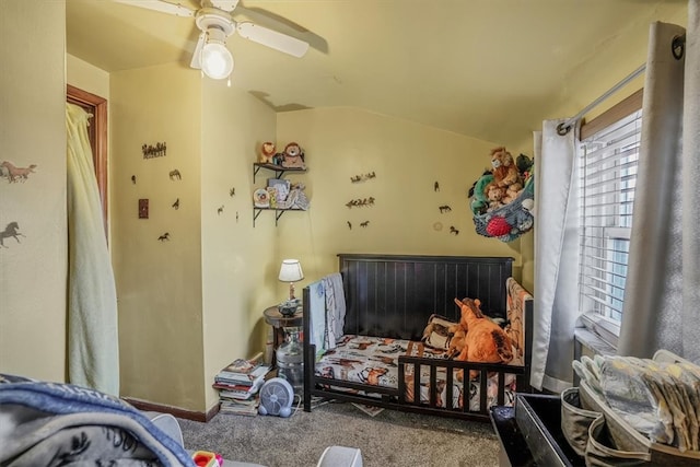 carpeted bedroom featuring ceiling fan