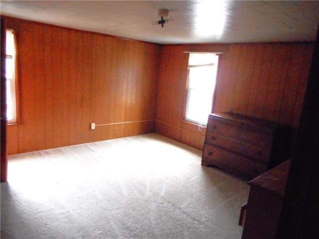 carpeted empty room with wood walls