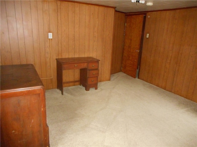 interior space with light colored carpet and wooden walls