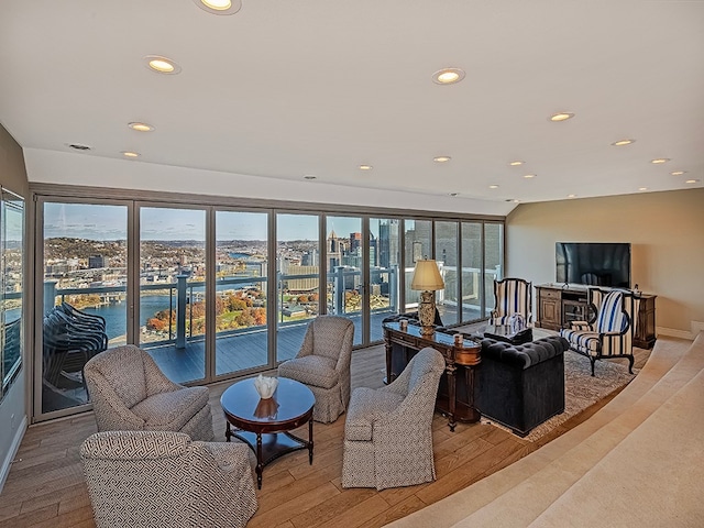 living room with light hardwood / wood-style floors and a healthy amount of sunlight