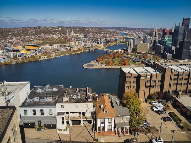 drone / aerial view featuring a water view