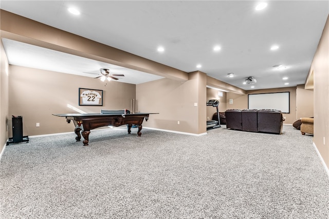 recreation room with pool table, ceiling fan, and carpet floors