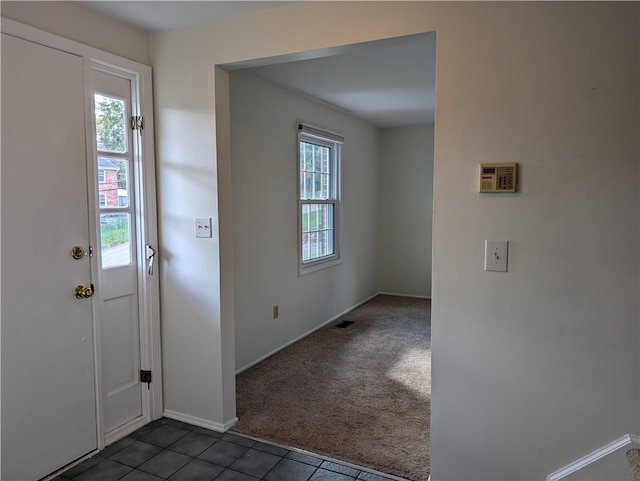 entryway with dark colored carpet