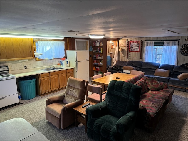 carpeted living room featuring wood walls and sink