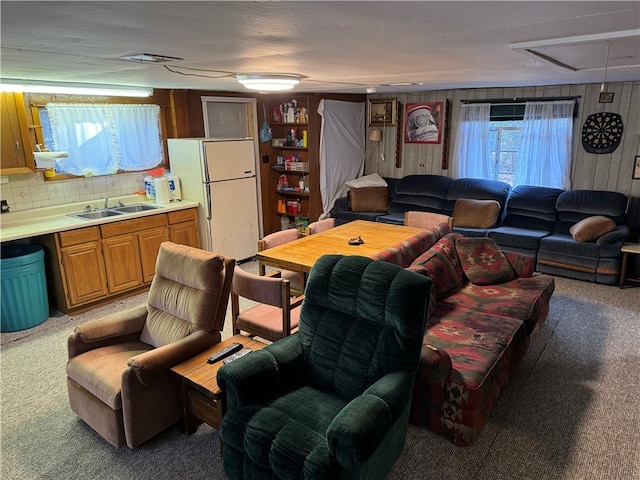 living room with wood walls, carpet, and sink